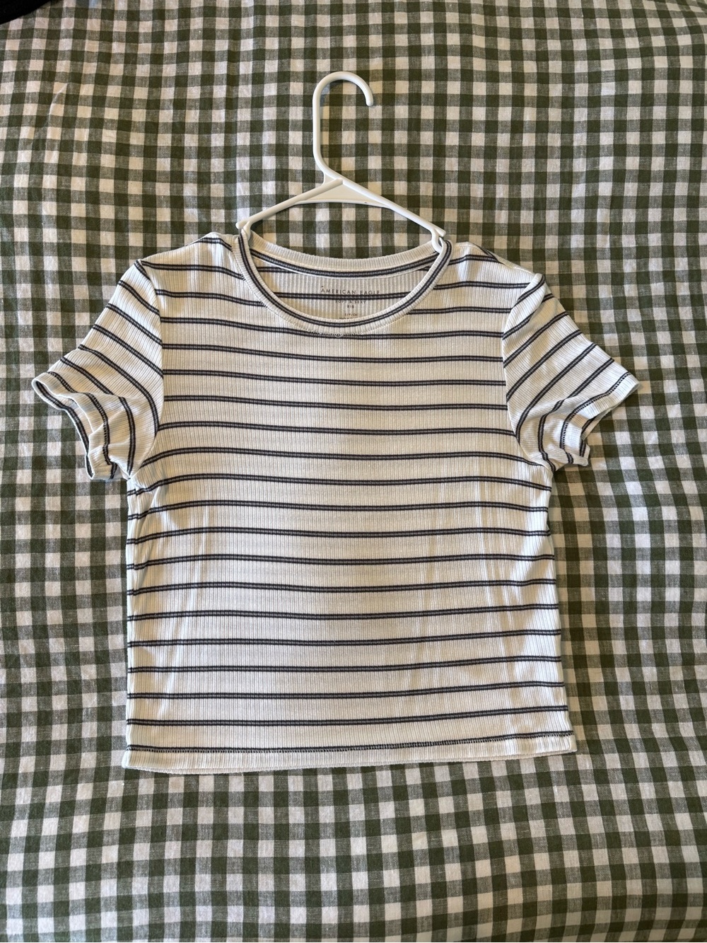 American Eagle Outfitters White Short Sleeve Ribbed Tee with Navy Stripes
